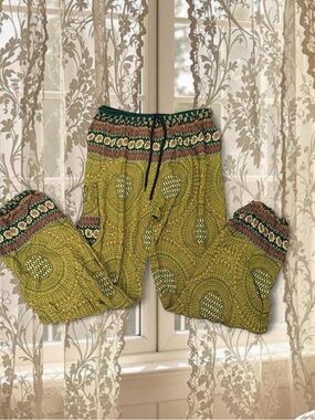Vintage Insp Hippie Boho Flared Green Mandala Pants